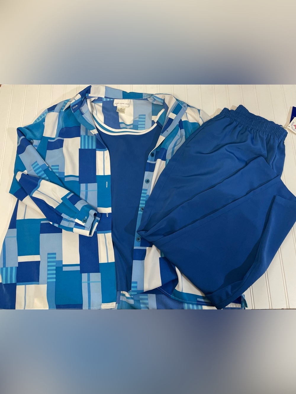 Susan Graver Blue Geometric Top and Tank and Pant 3 Piece Set 2X